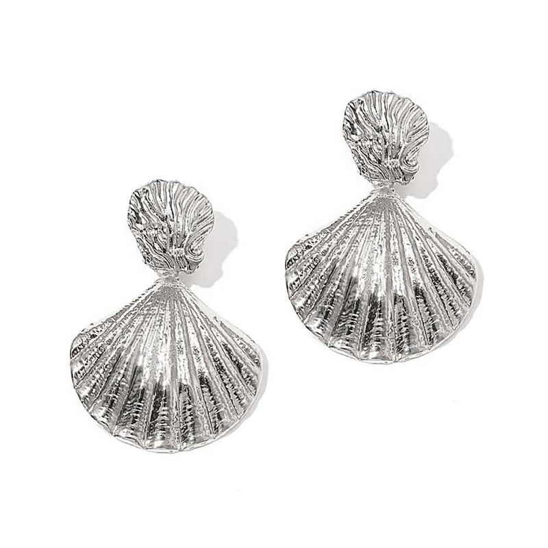 Pair of Silver Scallop Shell Earrings on white background
