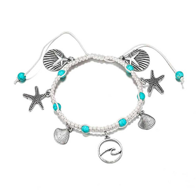 Iwana-Waves Macrame Ankle Bracelet - Beachy Boho Style With Turquoise Beads & Sea Charms