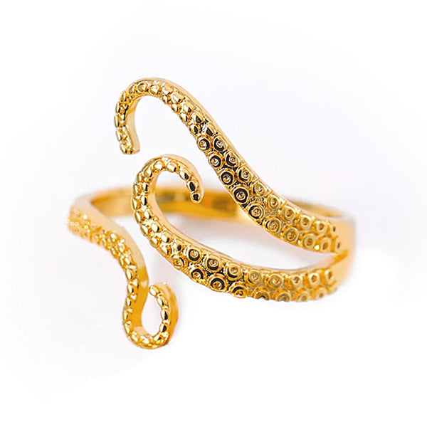 Side angle view of a gold octopus ring