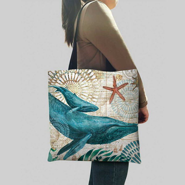 Woman with a Blue Whale Tote Bag over shoulder